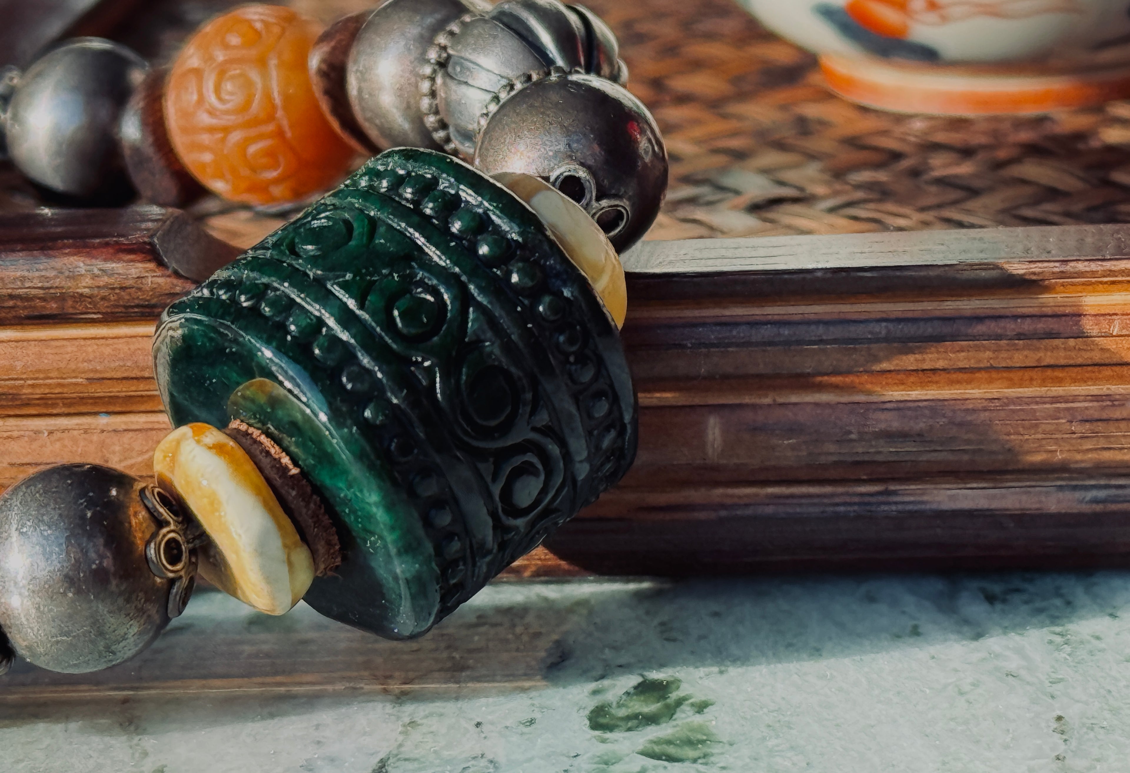 Ethereal · Vintage Statement Necklace with Large Dark Green Jade Barrel Bead | Handcrafted 925 Silver, Enamel Four Beasts, Antique Beads | One-of-a-kind