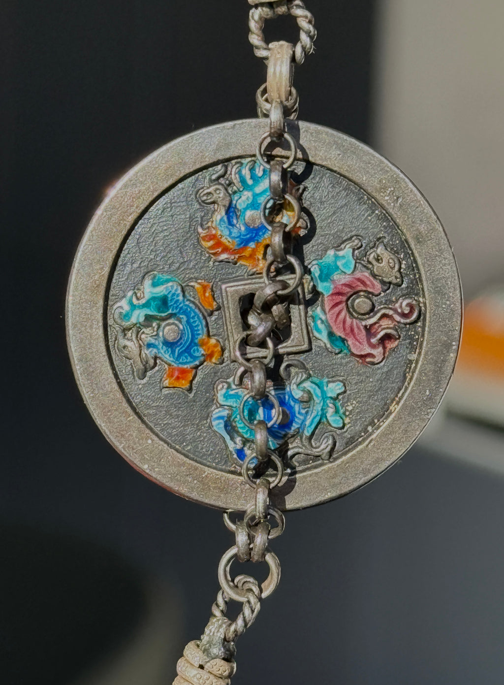 Ethereal · Vintage Statement Necklace with Large Dark Green Jade Barrel Bead | Handcrafted 925 Silver, Enamel Four Beasts, Antique Beads | One-of-a-kind