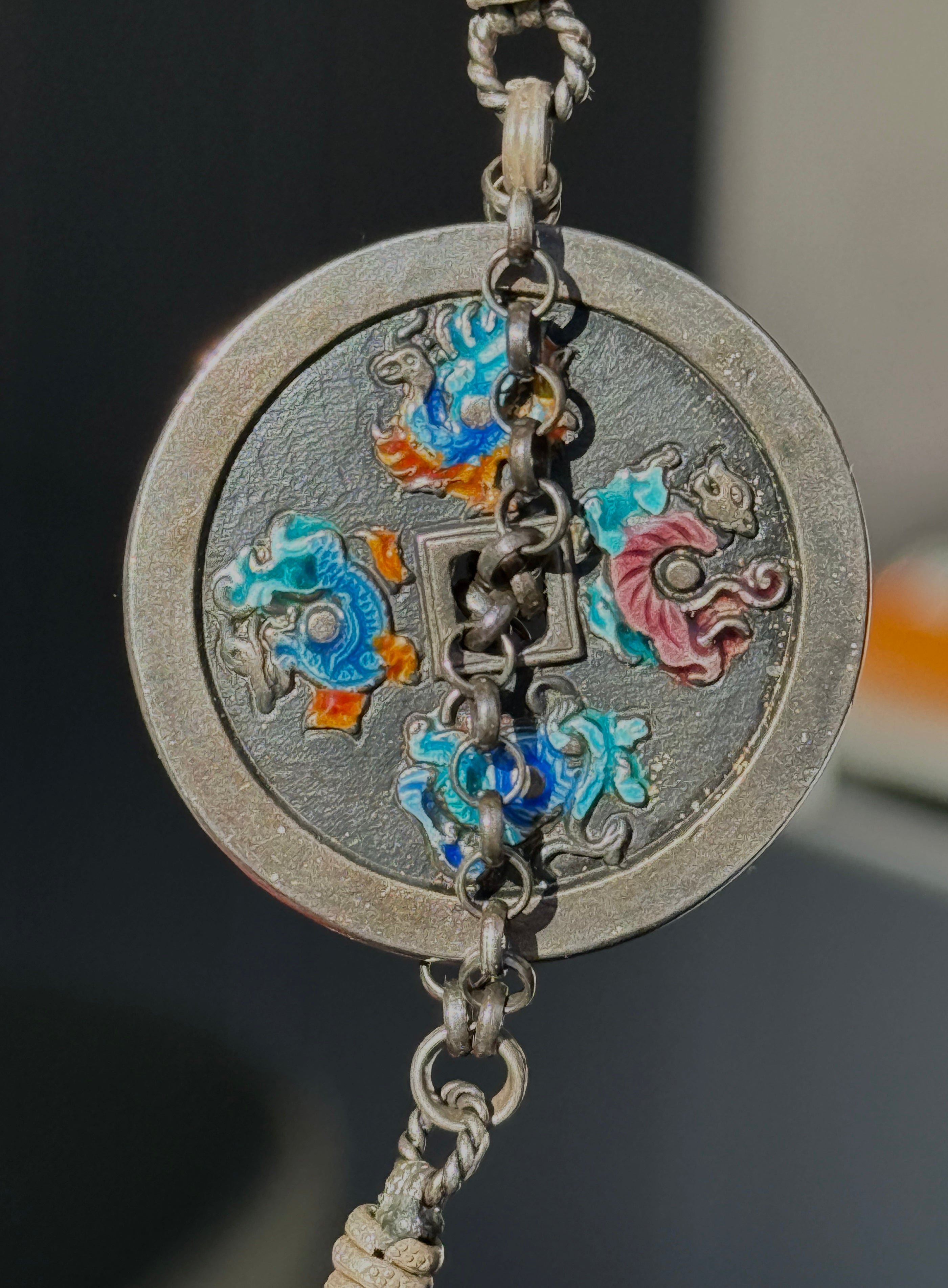 Ethereal · Vintage Statement Necklace with Large Dark Green Jade Barrel Bead | Handcrafted 925 Silver, Enamel Four Beasts, Antique Beads | One-of-a-kind