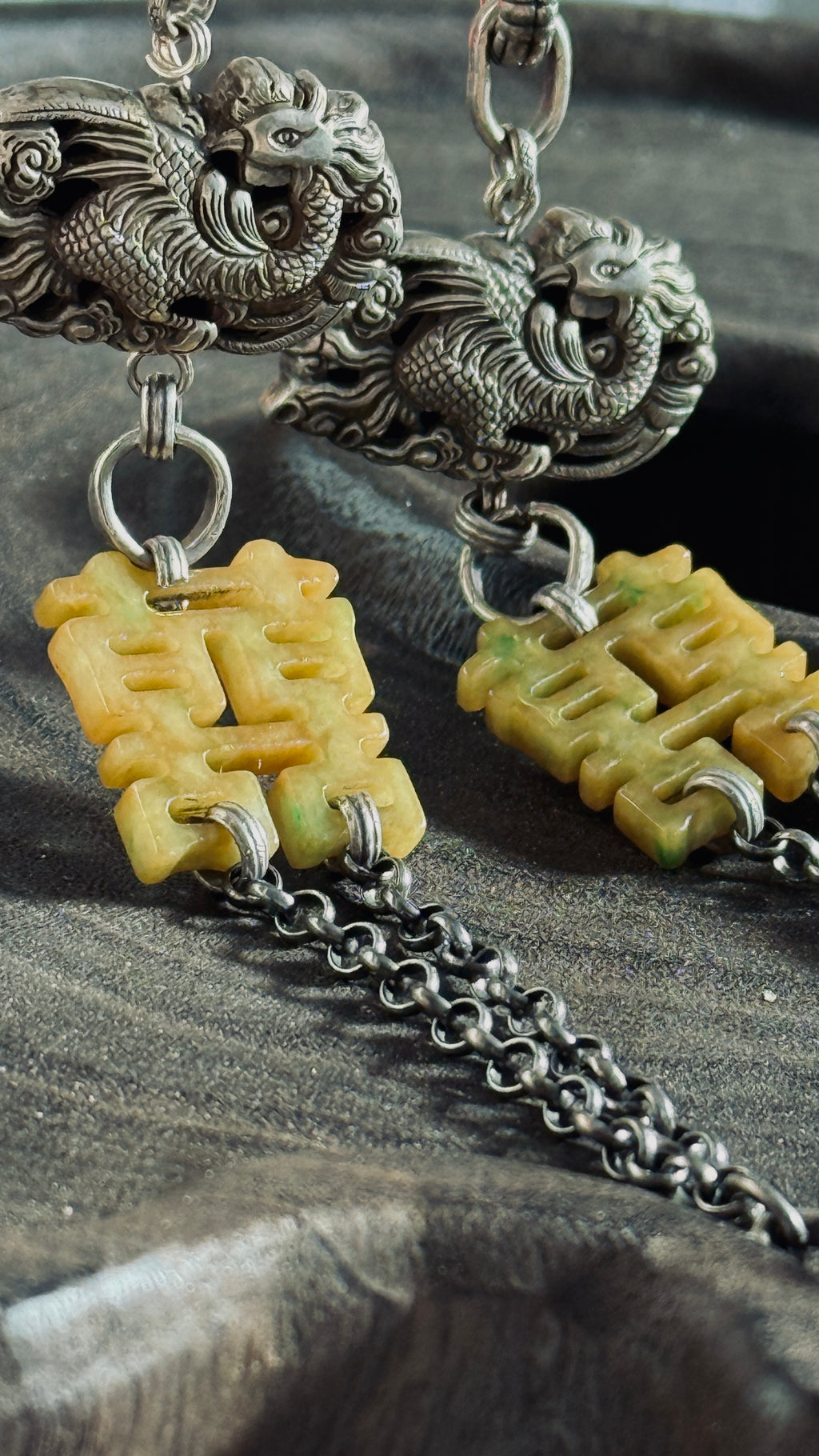 Double Happiness · Yellow & Green Jade Peace Disc Necklace | Large Bi-Colour Jade | Silver Enamel Phoenix & Double Happiness | One-of-a-kind