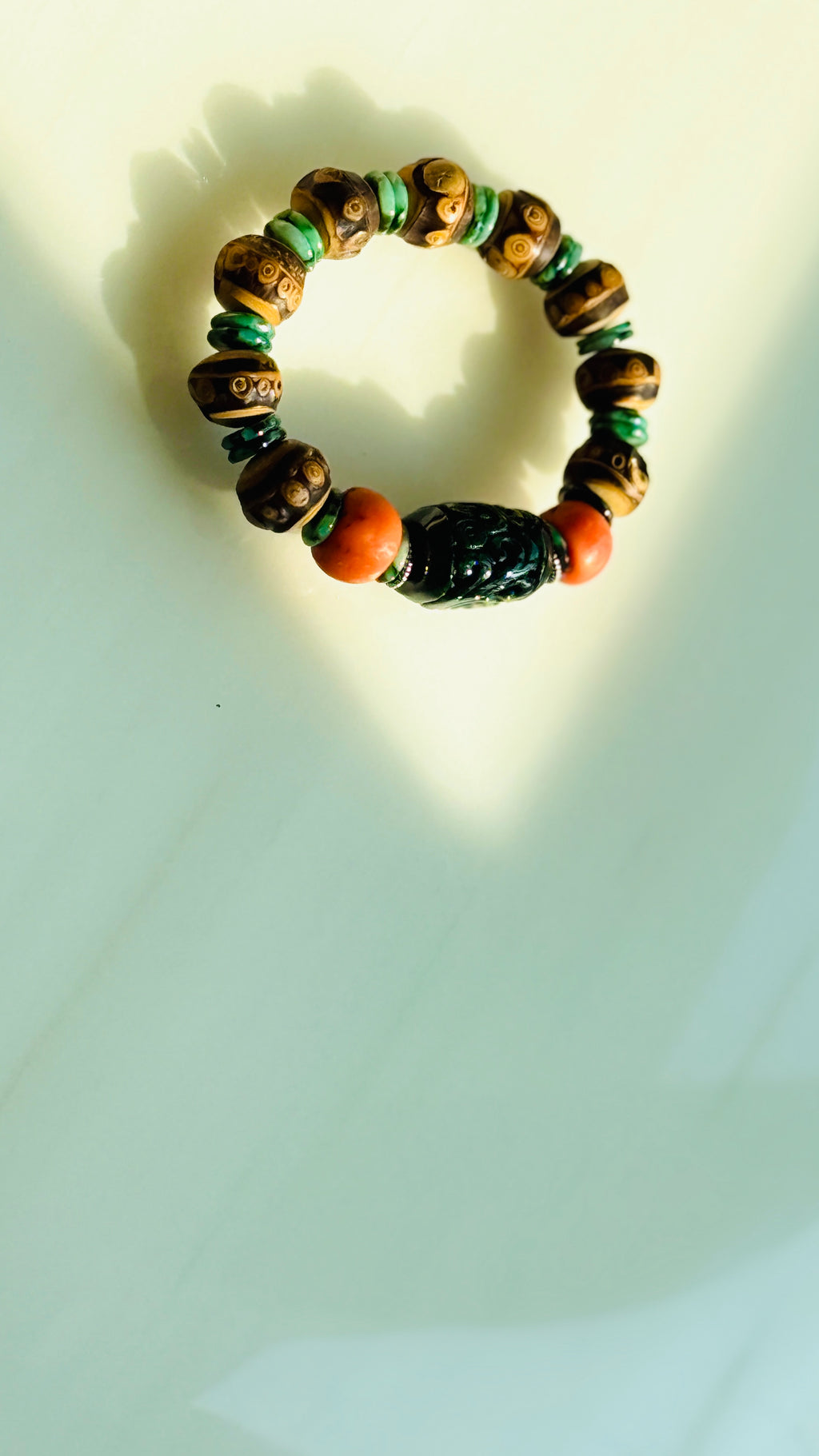 Summervale · One-of-a-Kind Jade & Vintage Bead Bracelet | Carved Green Jade • Vintage Red Beads • Bamboo Nail Beads | One-of-a-kind