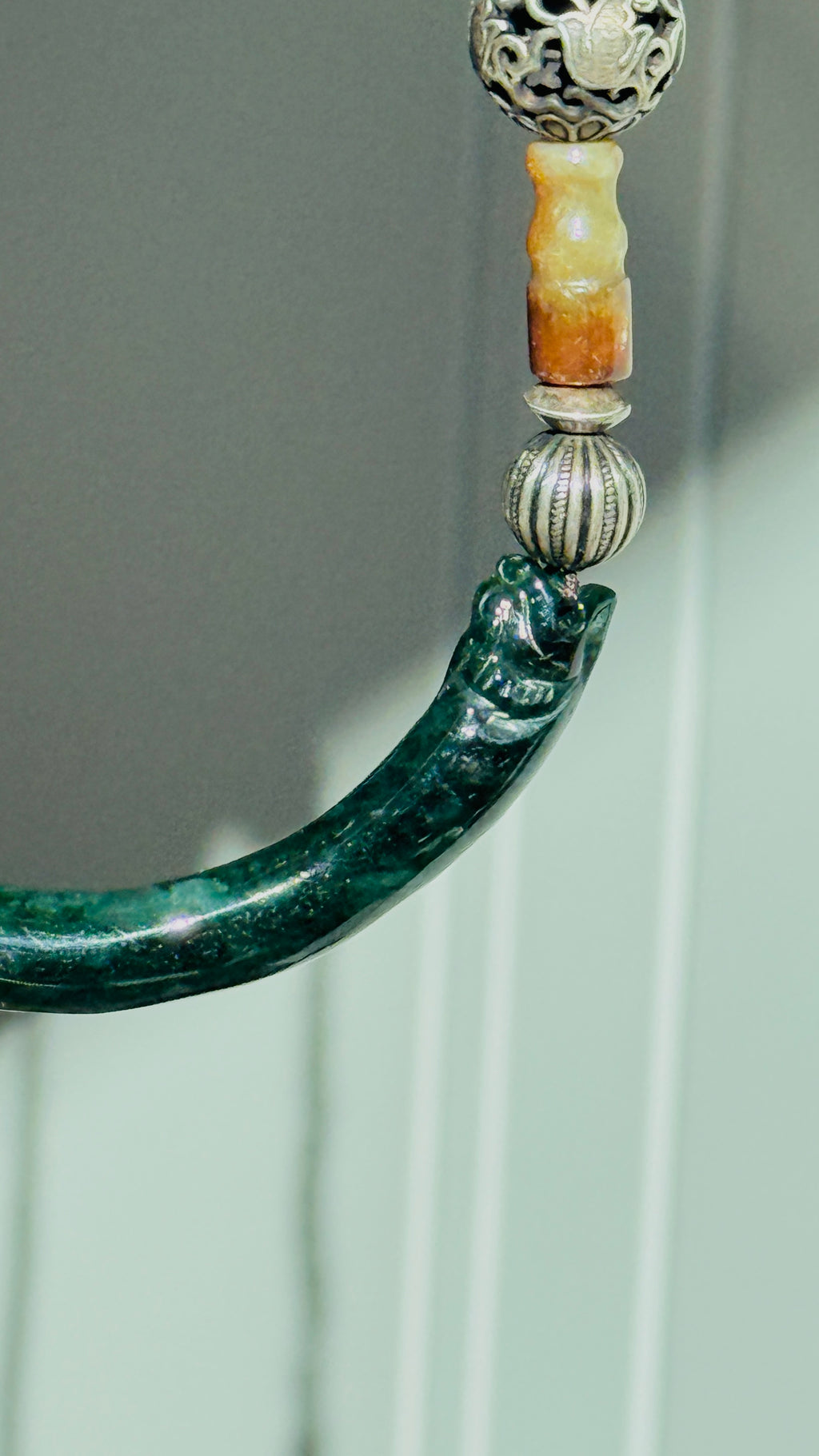 Interval · Antique Jade Arc Necklace | Hand-Carved Green Jade • Aged Silver| One-of-a-kind