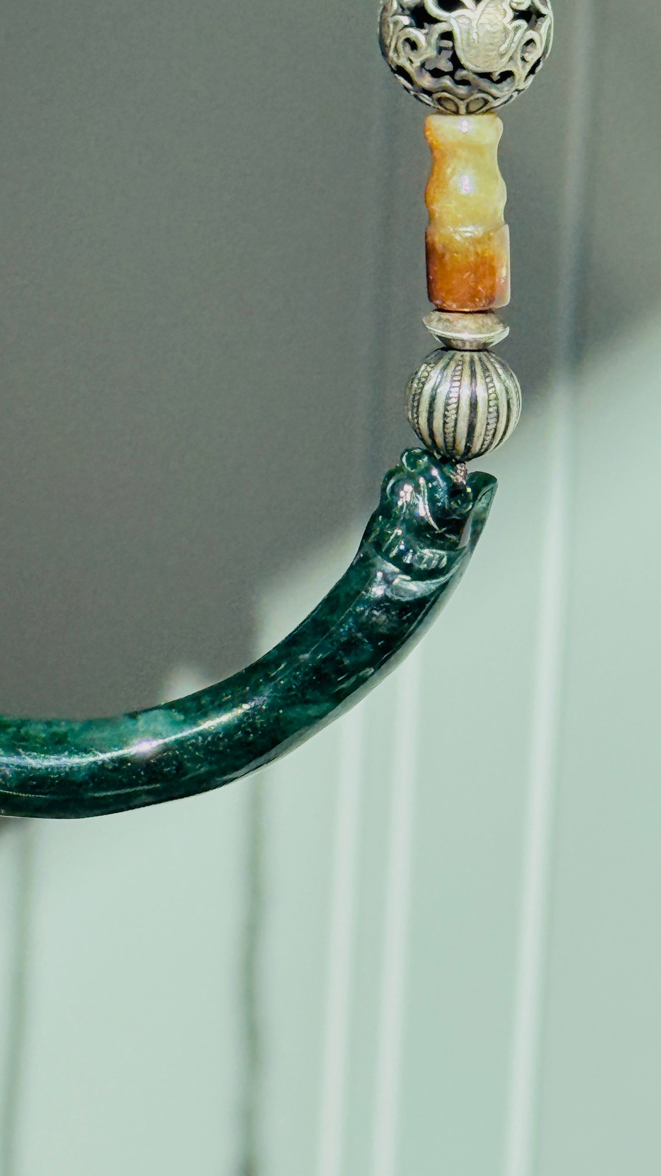 Interval · Antique Jade Arc Necklace | Hand-Carved Green Jade • Aged Silver| One-of-a-kind