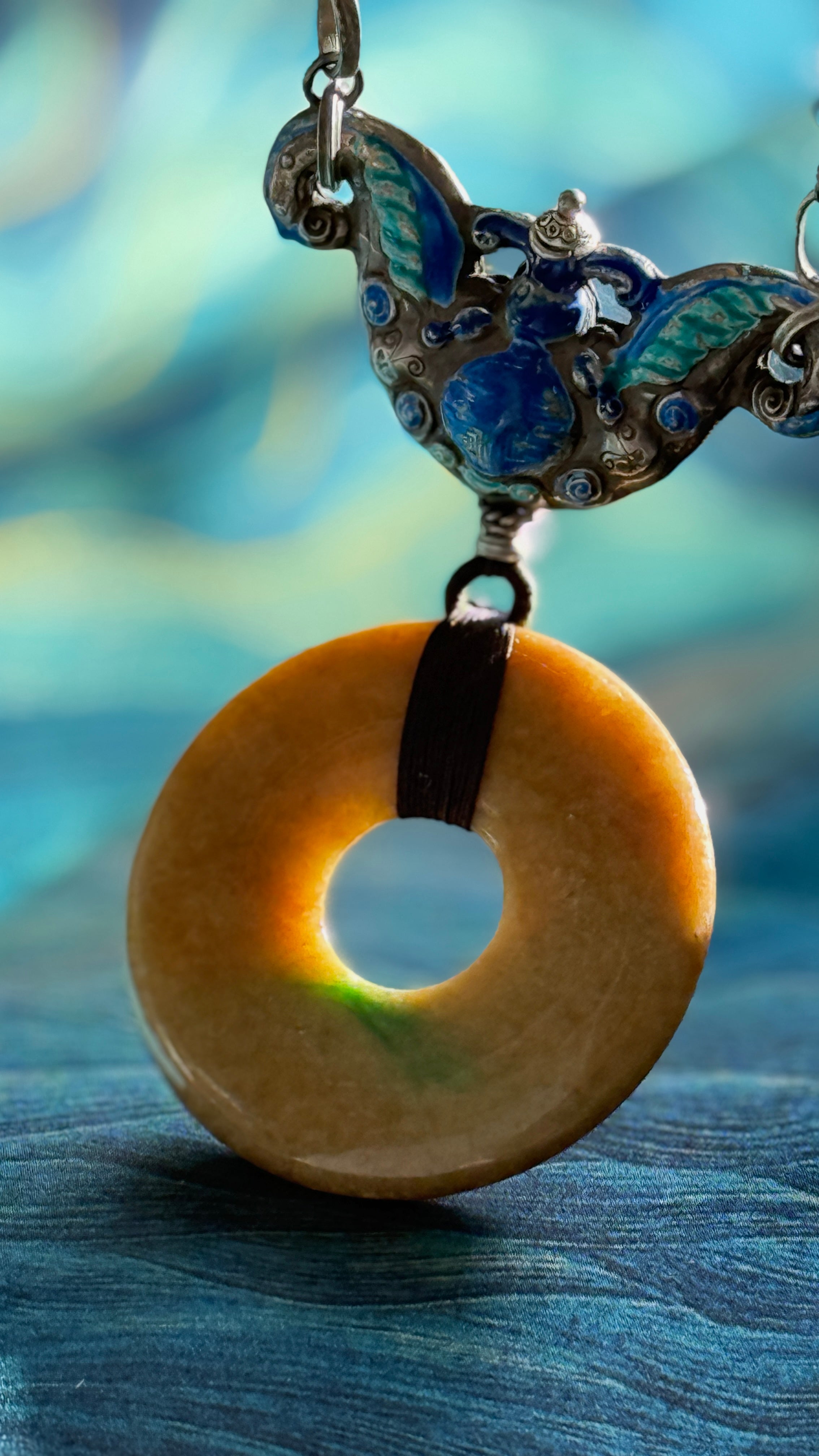 Double Happiness · Yellow & Green Jade Peace Disc Necklace | Large Bi-Colour Jade | Silver Enamel Phoenix & Double Happiness | One-of-a-kind