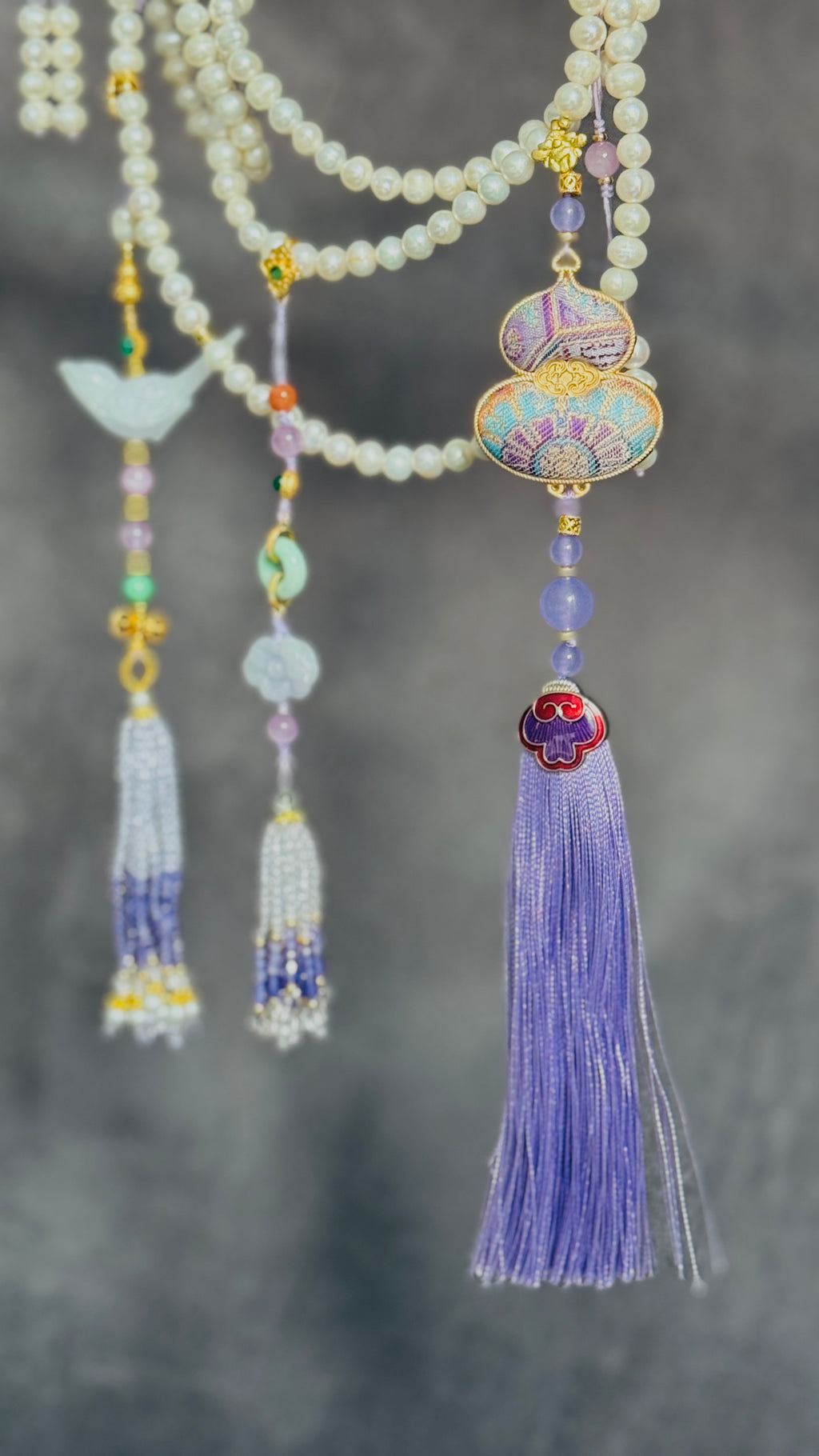 Luck & Fortune Chain · Pearl & Jade Crossbody Chain with Embroidered Gourd