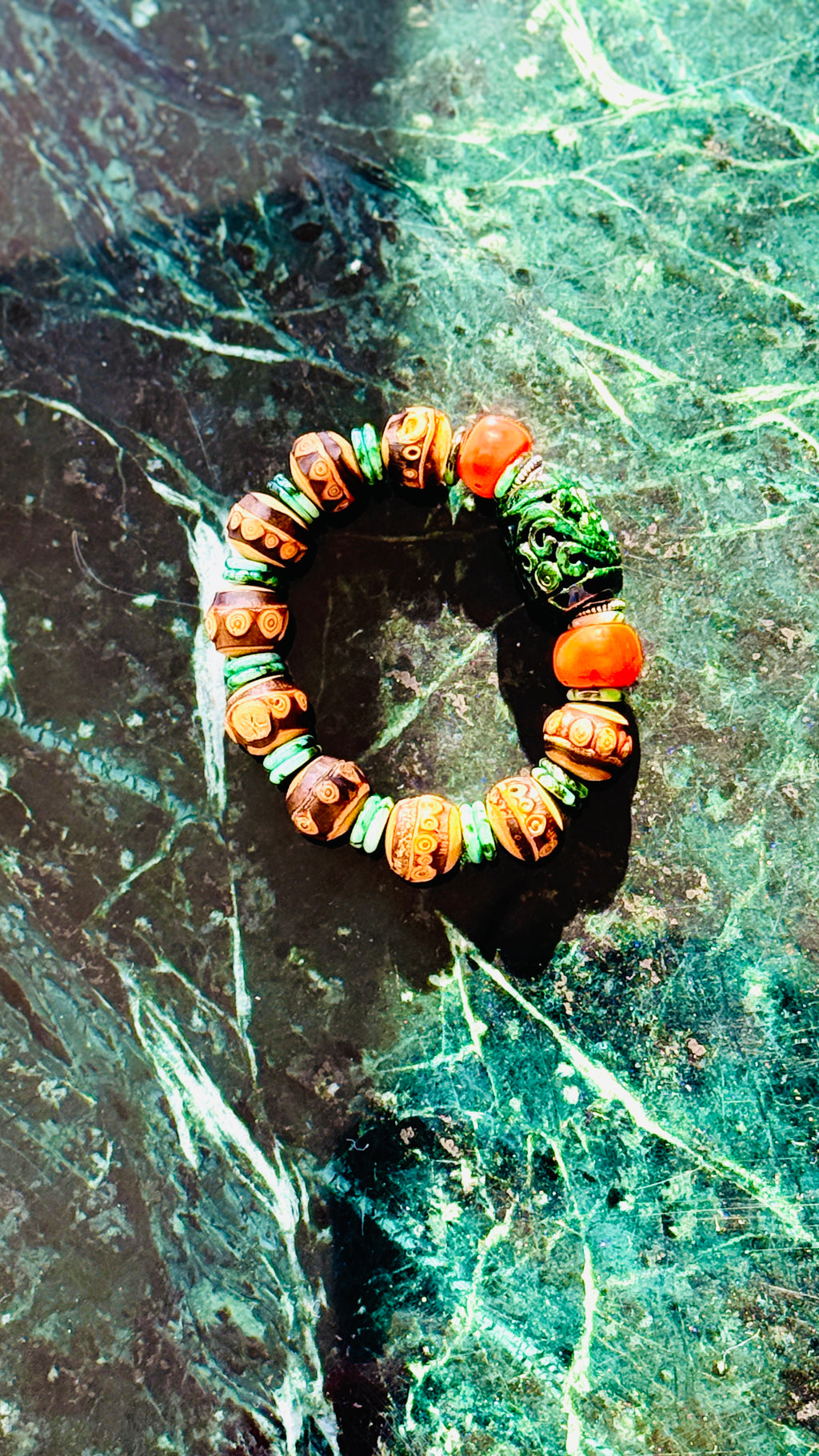 Summervale · One-of-a-Kind Jade & Vintage Bead Bracelet | Carved Green Jade • Vintage Red Beads • Bamboo Nail Beads | One-of-a-kind