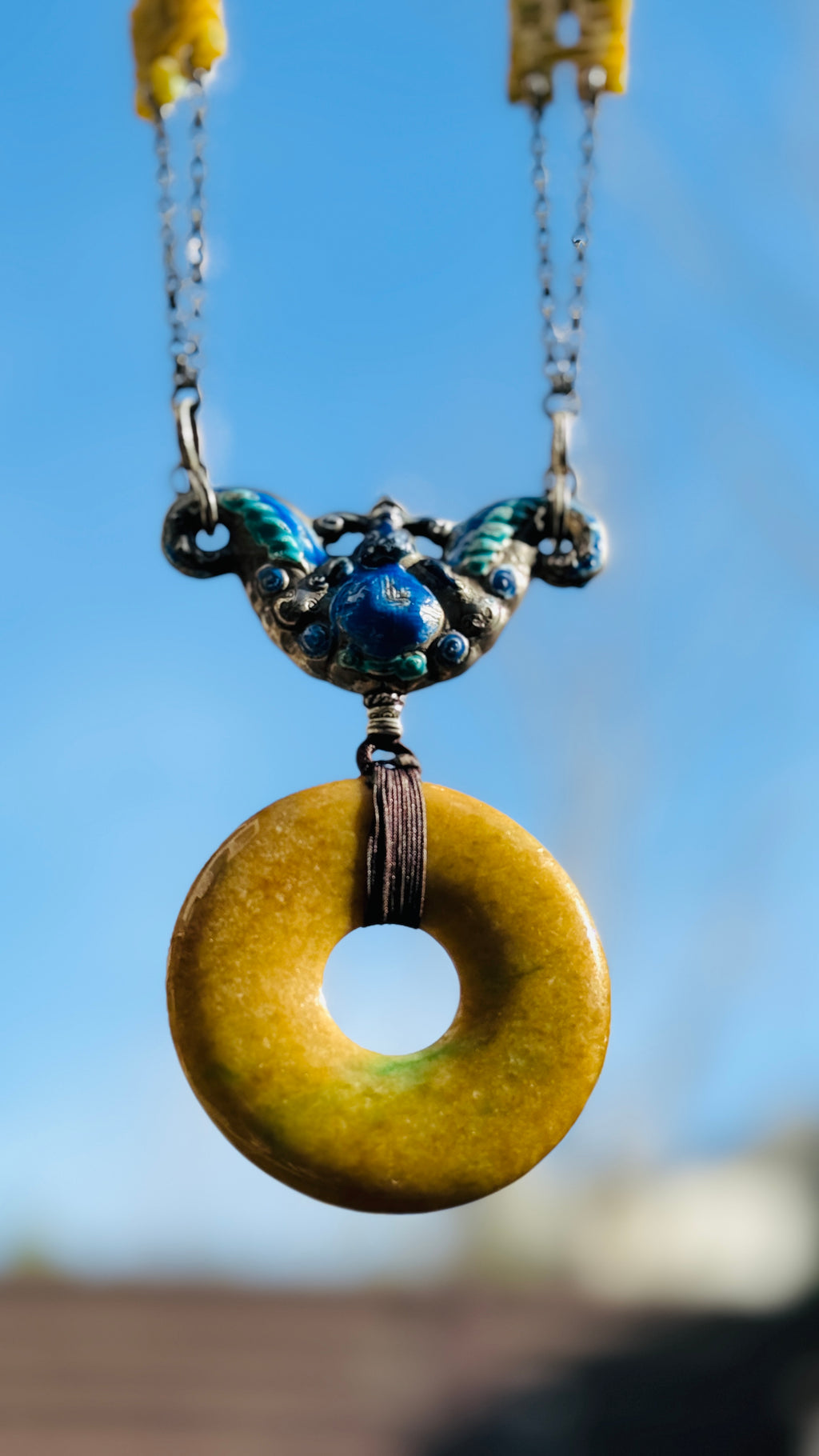 Double Happiness · Yellow & Green Jade Peace Disc Necklace | Large Bi-Colour Jade | Silver Enamel Phoenix & Double Happiness | One-of-a-kind