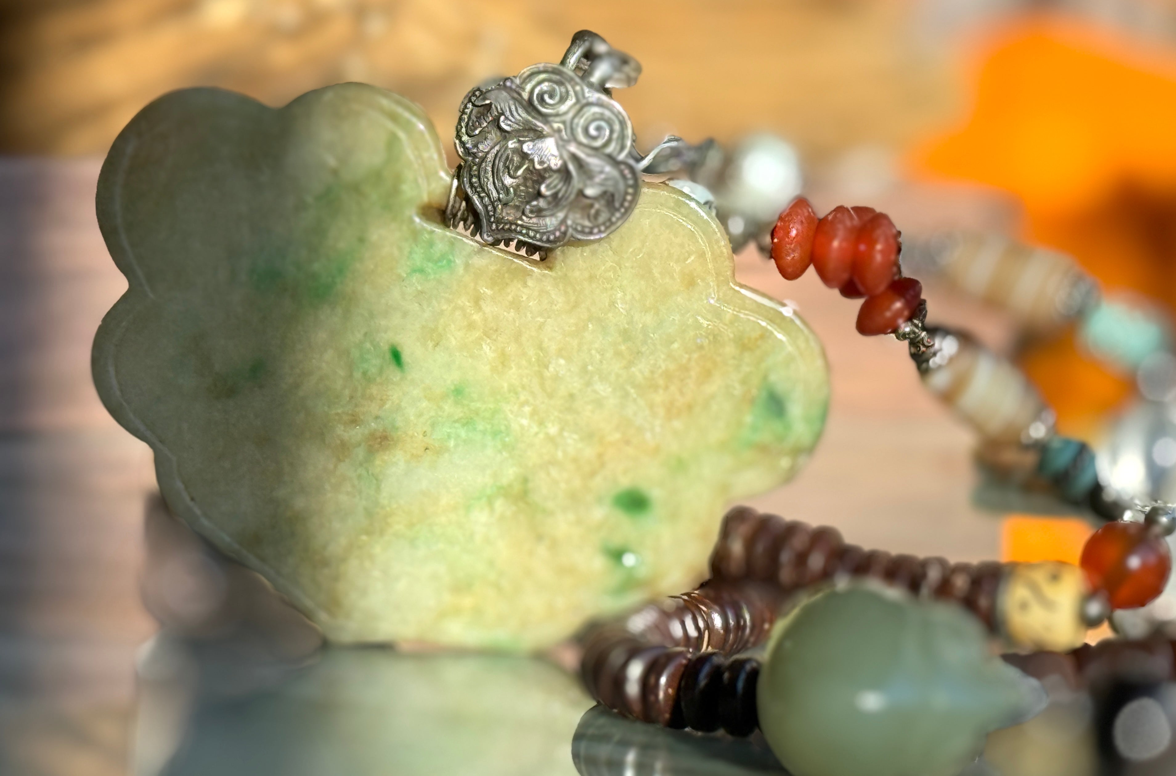 Queen of Green Spades ·  Yellow & Green Jade Necklace | Auspicious Chinese Jade Pendant | One-of-a-kind