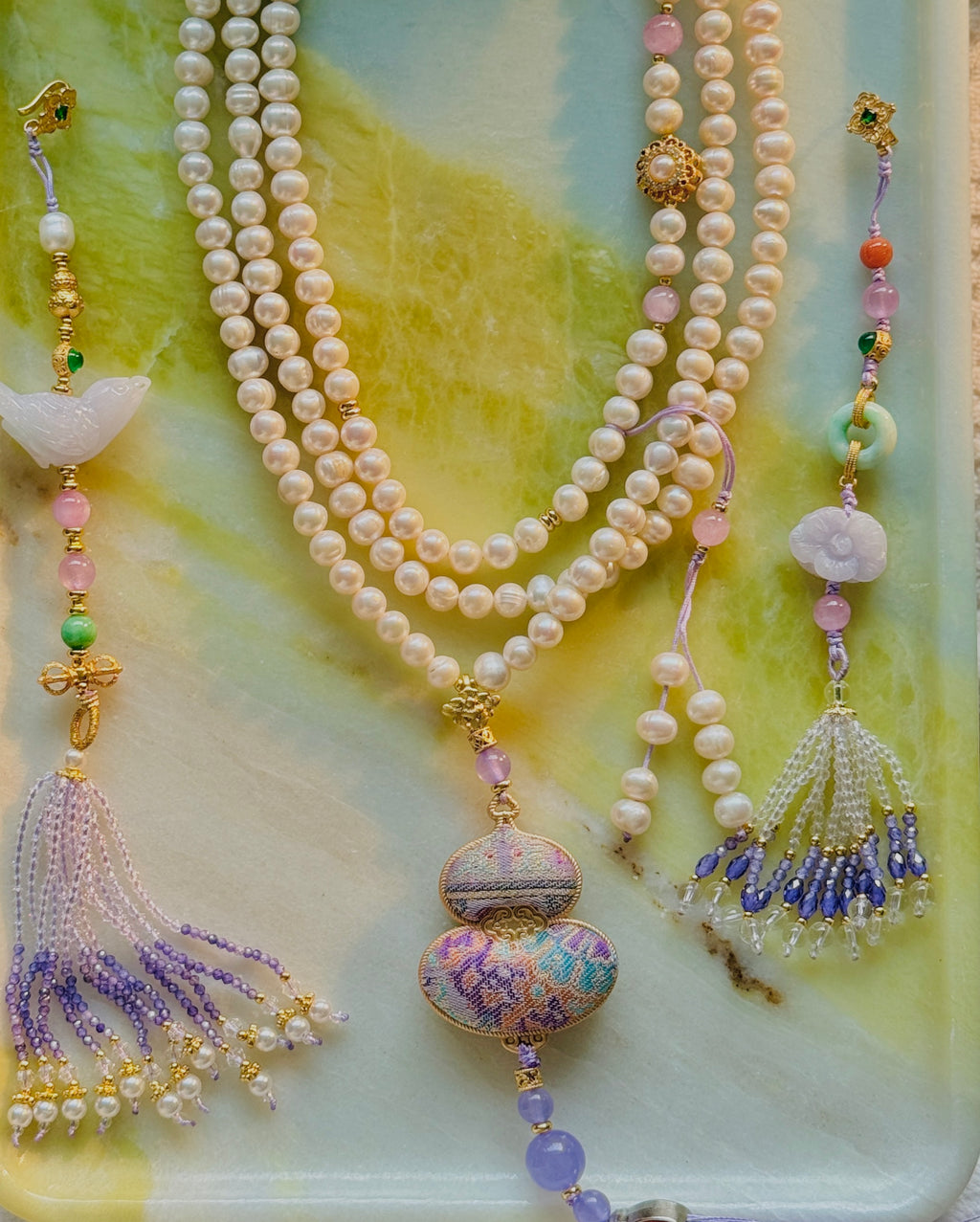 Luck & Fortune Chain · Pearl & Jade Crossbody Chain with Embroidered Gourd
