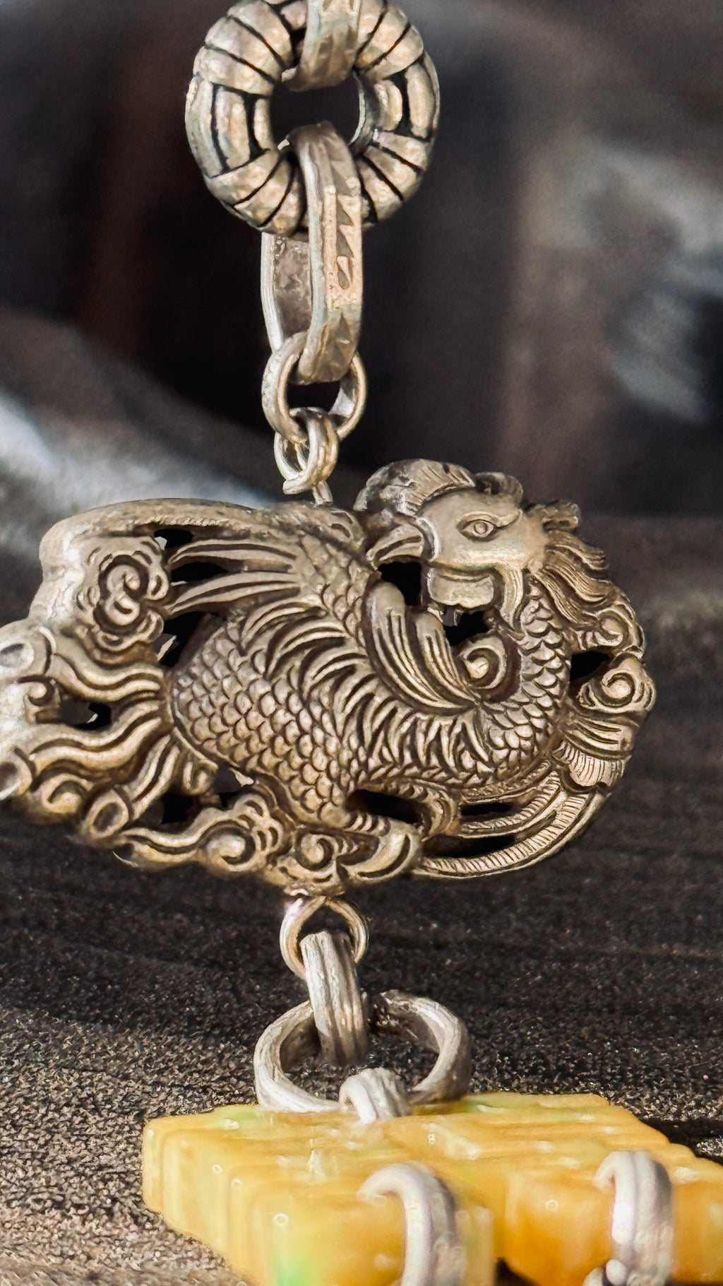 Double Happiness · Yellow & Green Jade Peace Disc Necklace | Large Bi-Colour Jade | Silver Enamel Phoenix & Double Happiness | One-of-a-kind