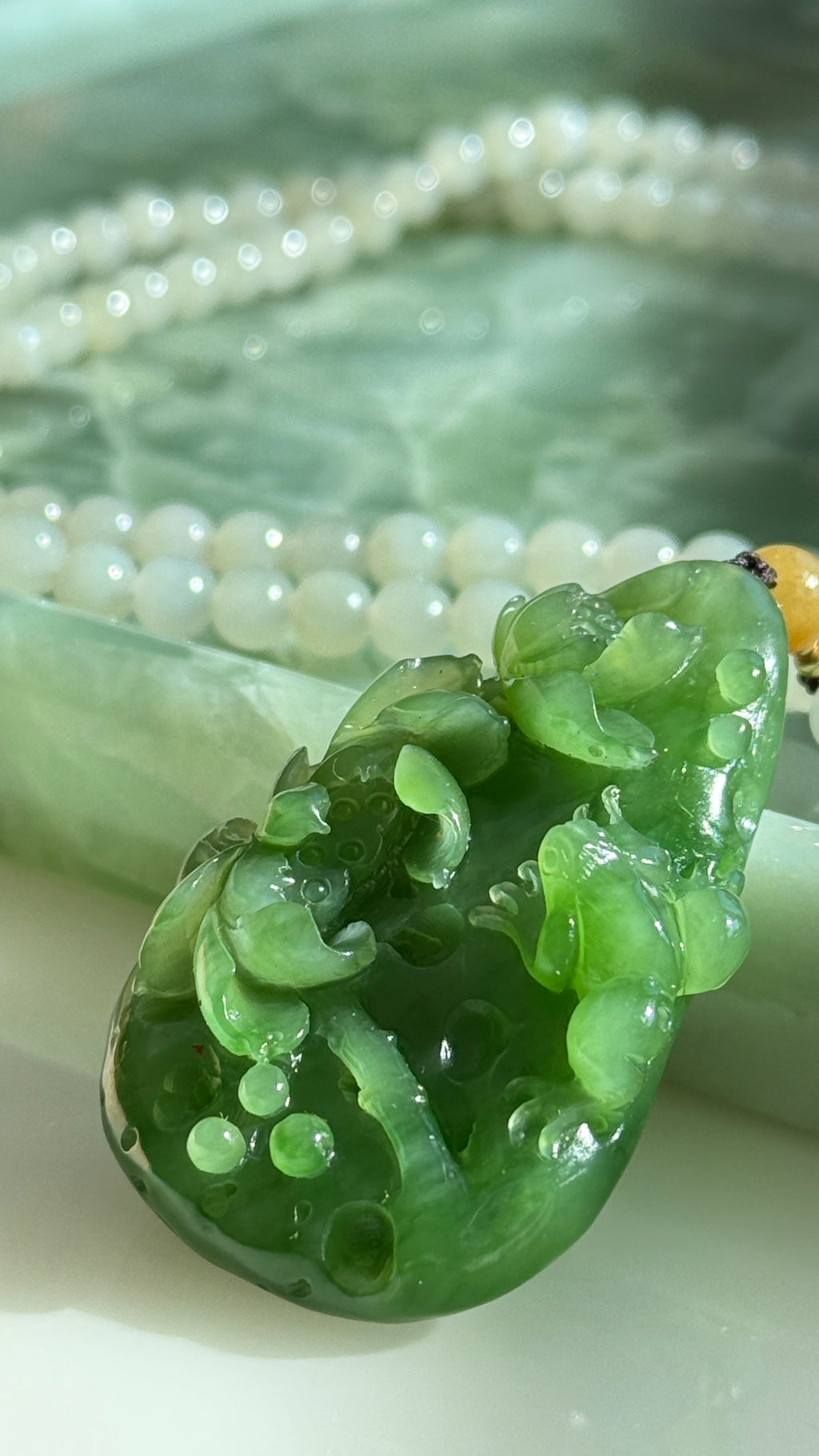 After Rain · Evergreen Fortune Jade Necklace Hand-Carved Green Jade Lotus Pendant | Natural Jadeite Necklace with White Jade Beads | One-of-a-kind