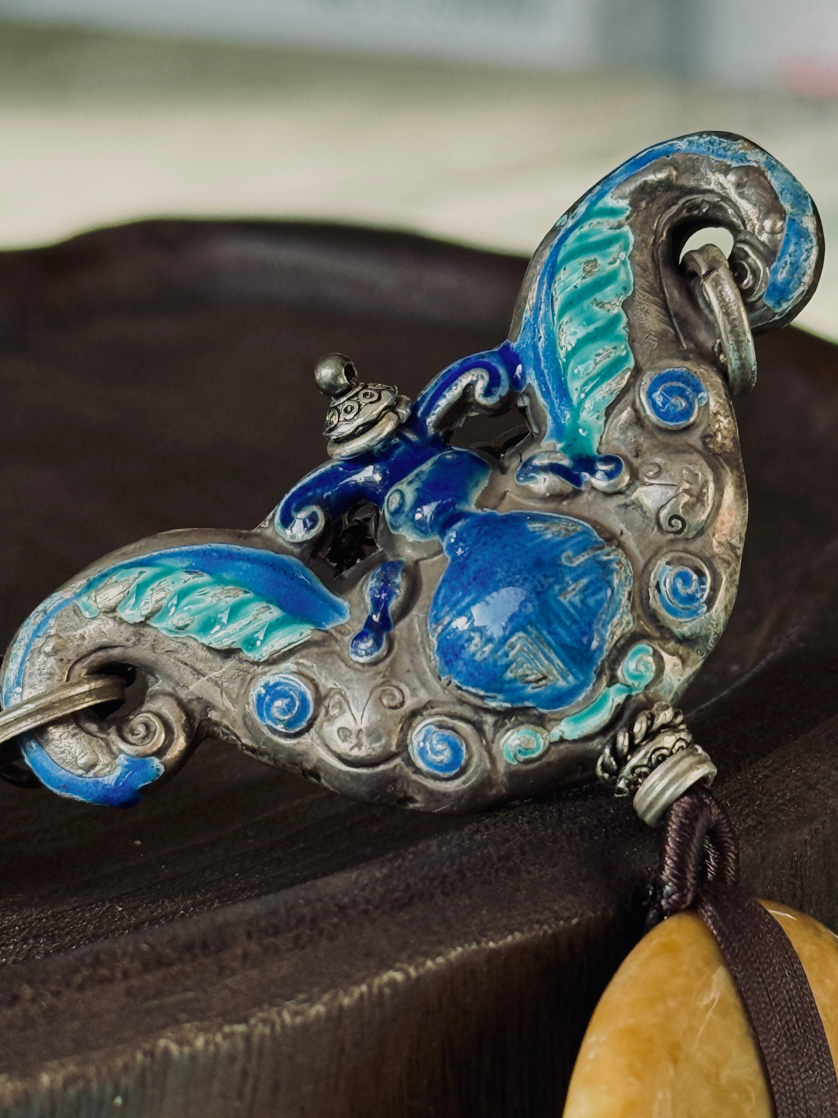 Double Happiness · Yellow & Green Jade Peace Disc Necklace | Large Bi-Colour Jade | Silver Enamel Phoenix & Double Happiness | One-of-a-kind