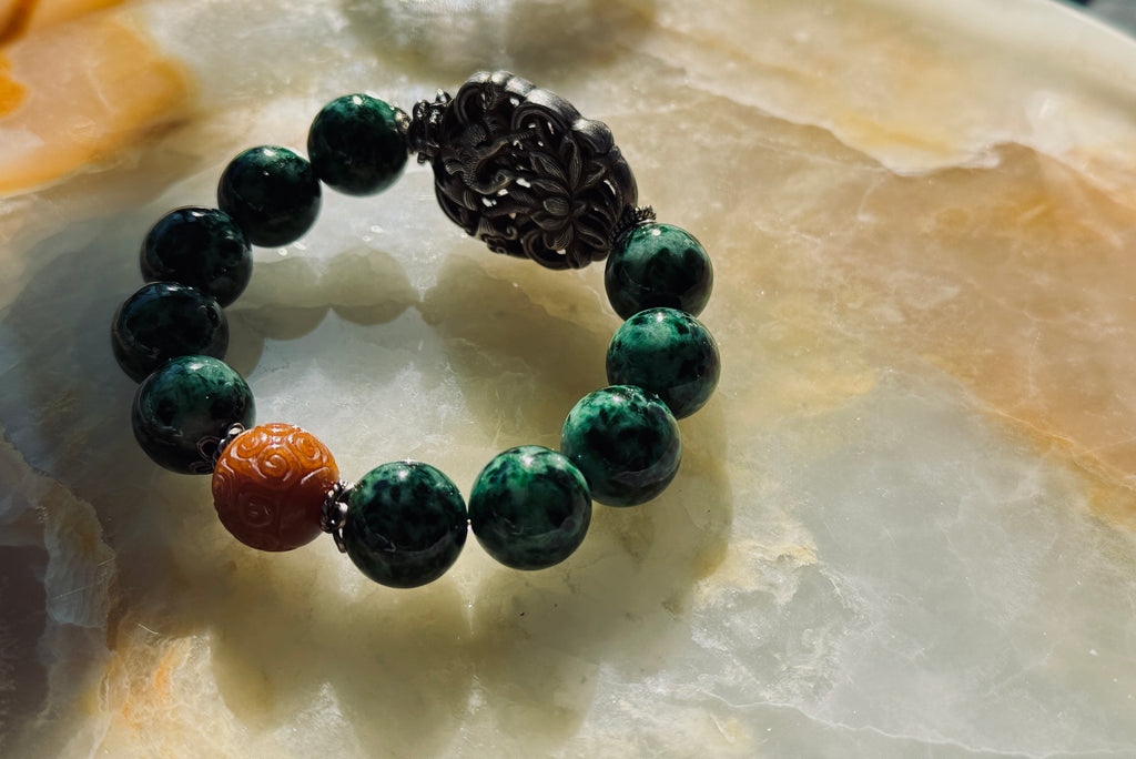 Endless Summer · Jade Bracelet | Dark Green Jadeite & Red Jade | “Endless Green, Radiant Red” | One-of-a-kind