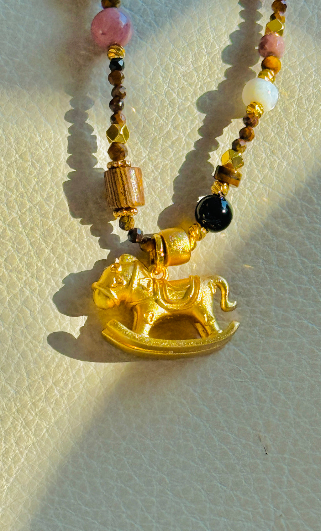 Grounding · Year of Horse Lucky Necklace｜Tiger’s Eye Gem Long Necklace with Rocking Horse Pendant