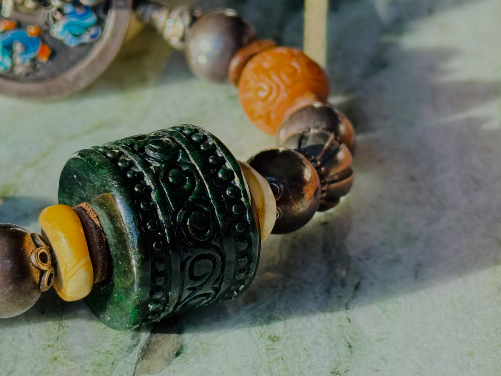 Ethereal · Vintage Statement Necklace with Large Dark Green Jade Barrel Bead | Handcrafted 925 Silver, Enamel Four Beasts, Antique Beads | One-of-a-kind